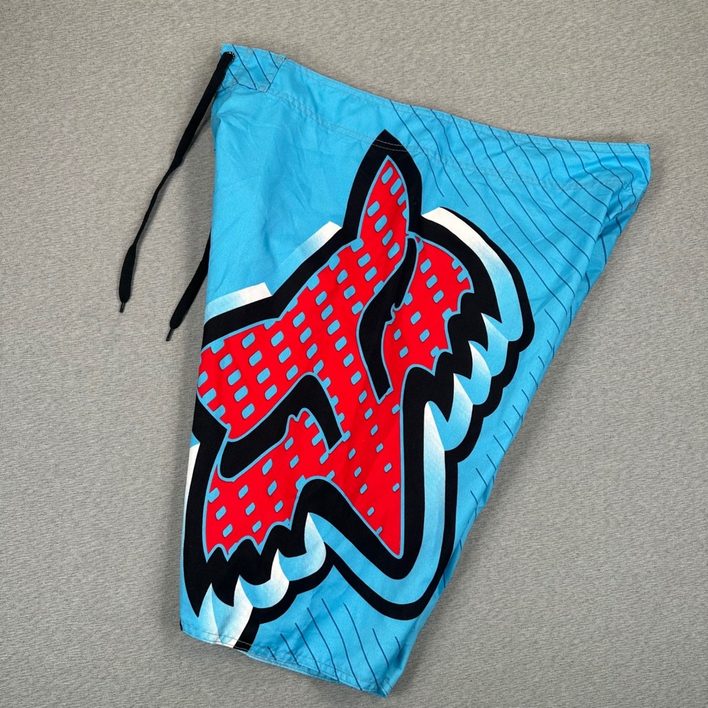 Fox Racing Board Shorts Mens 38 Blue Red Large Logo Graphic Swim Trunks